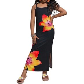 Girl's Floral Cami Dress Spaghetti Strap Split Thigh Summer Vacation Maxi Dresses in Kuwait