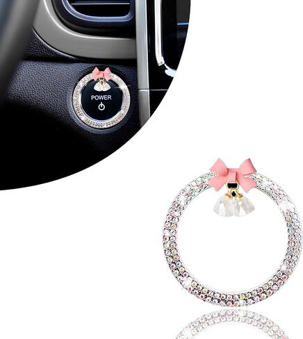 Cute Bow Bling Car Engine Stop Decoration Ring, 1 PC Crystal Rhinestone Car Button Start Button Cover, Shiny Key Ignition and Knob Ring, Bling Car Accessories for Women (White) in Saudi Arabia