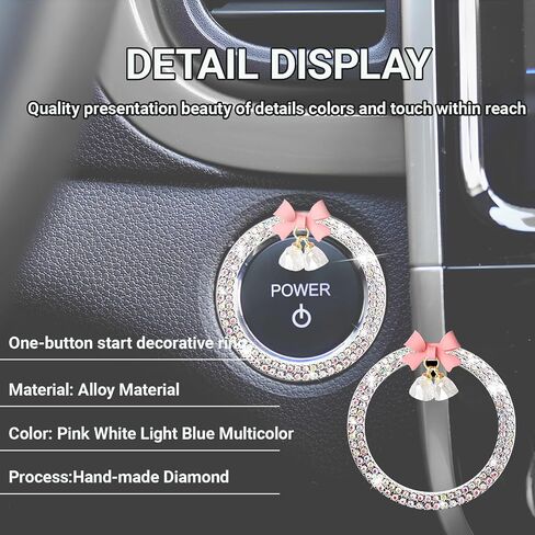 Cute Bow Bling Car Engine Stop Decoration Ring, 1 PC Crystal Rhinestone Car Button Start Button Cover, Shiny Key Ignition and Knob Ring, Bling Car Accessories for Women (White) in Saudi Arabia