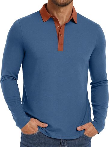 PEGENO Mens Polo Short/Long Sleeve Shirt Classic Button Basic Solid Color Designed Collared Polo Shirt Fashion Casual Shirts in Kuwait