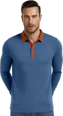 PEGENO Mens Polo Short/Long Sleeve Shirt Classic Button Basic Solid Color Designed Collared Polo Shirt Fashion Casual Shirts in Kuwait