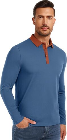 PEGENO Mens Polo Short/Long Sleeve Shirt Classic Button Basic Solid Color Designed Collared Polo Shirt Fashion Casual Shirts in Kuwait