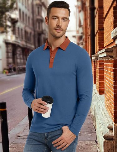 PEGENO Mens Polo Short/Long Sleeve Shirt Classic Button Basic Solid Color Designed Collared Polo Shirt Fashion Casual Shirts in Kuwait