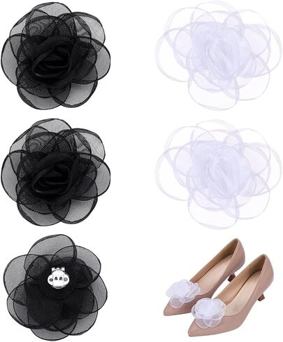 4Pcs 2 Colors Rose Shoe Buckles Flower Shoe Clips Iron Detachable Rose Shoes Clips White Black Flower Shoes Buckles Charms Decor for Hairpin Brooches Flats Heels Sandals Boots in Saudi Arabia