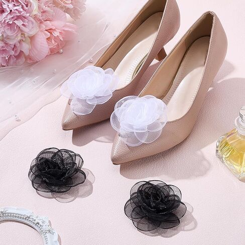 4Pcs 2 Colors Rose Shoe Buckles Flower Shoe Clips Iron Detachable Rose Shoes Clips White Black Flower Shoes Buckles Charms Decor for Hairpin Brooches Flats Heels Sandals Boots in Saudi Arabia