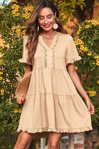 فساتين Dokotoo النسائية 2024 لربيع وصيف رقبة V وكشكشة وأكمام قصيرة غير رسمية على شكل حرف a فلوي بيبي دول فستان قصير in Saudi Arabia