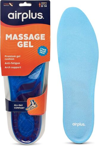 Airplus Massage Gel Insoles, Premium Gel Cushioning with Heel and Ball-of-Foot, Arch Support Insoles, Thin Profile, Trim-to-Fit, Full Length Comfort for Casual, Athletic, and Dress Shoes, Men's 8-14 in Saudi Arabia