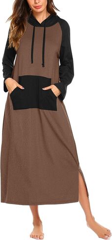Ekouaer قمصان نوم للنساء من الصوف، ثوب نوم طويل الأكمام، ملابس نوم بقلنسوة، قميص نوم طويل مع جيب in Saudi Arabia