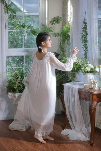 Womens Vintage Nightgown Princess Sleepwear Chemises Mesh Long Sleeve Lounger Pajamas Nightdress in Saudi Arabia