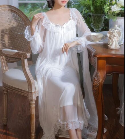 Womens Vintage Nightgown Princess Sleepwear Chemises Mesh Long Sleeve Lounger Pajamas Nightdress in Saudi Arabia