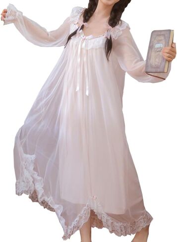Womens Vintage Nightgown Princess Sleepwear Chemises Mesh Long Sleeve Lounger Pajamas Nightdress in Saudi Arabia