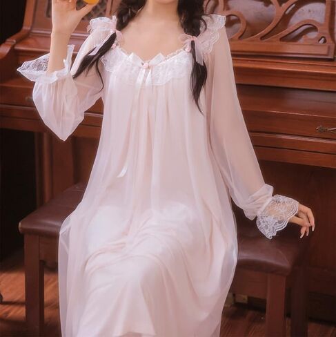 Womens Vintage Nightgown Princess Sleepwear Chemises Mesh Long Sleeve Lounger Pajamas Nightdress in Saudi Arabia