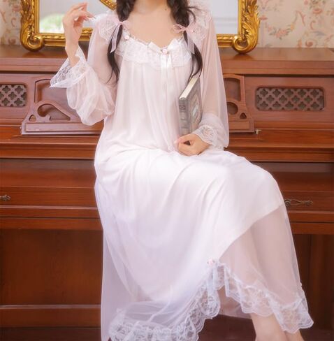 Womens Vintage Nightgown Princess Sleepwear Chemises Mesh Long Sleeve Lounger Pajamas Nightdress in Saudi Arabia