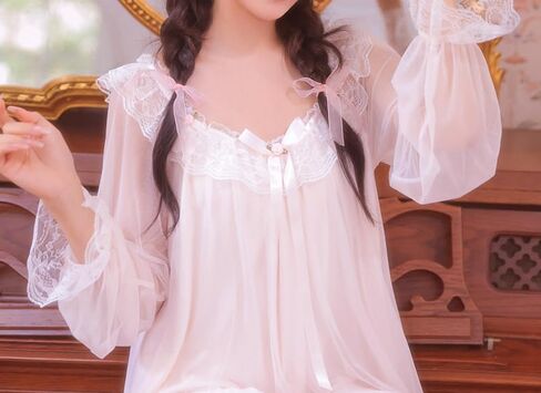 Womens Vintage Nightgown Princess Sleepwear Chemises Mesh Long Sleeve Lounger Pajamas Nightdress in Saudi Arabia