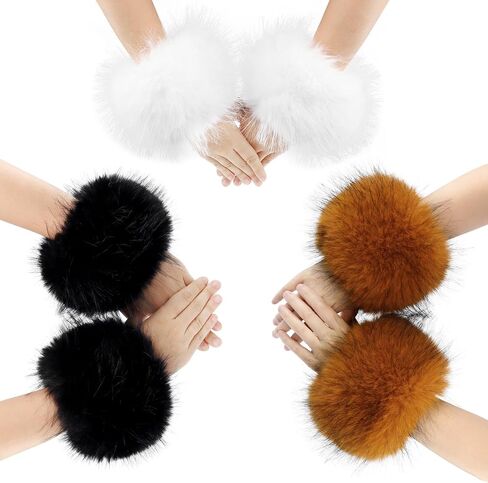 HAOAN 3 Pairs Faux Fur Wrist Cuffs Winter Furry Arm Warmers for Halloween Daily Cosplay Party Costume Accessories in Saudi Arabia