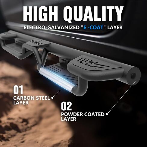 ثلاث خطوات مرتفعة للجري بخطوات جانبية متوافقة مع 2015-2025 Chevy Colorado & GMC Canyon Crew Cab (4 أبواب كاملة الحجم)، تصميم درجين بمسامير على القضبان الجانبية Step Nerf Bar in Kuwait