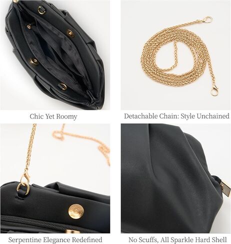 Clutch Purses for Women, Chic Pleated PU Black and Gold Purse with Detachable Chain and Sparkle Hard Shell, Roomy Evening Bag in Saudi Arabia