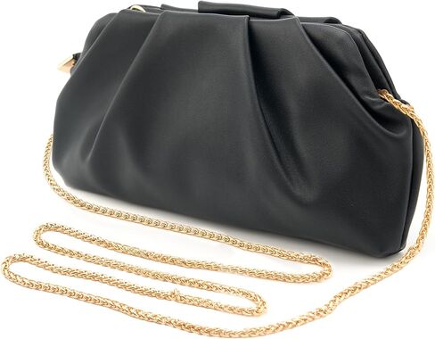 Clutch Purses for Women, Chic Pleated PU Black and Gold Purse with Detachable Chain and Sparkle Hard Shell, Roomy Evening Bag in Saudi Arabia