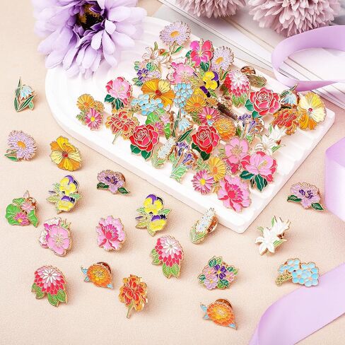 Hoteam 60 Pcs Flower Enamel Pins for Backpacks Floral Lapel Pins Bulk Cute Wildflower Sunflower Rose Lily Peony Hydrangeas Brooch for Hat Clothes Women Girl Hat Clothes Bags Accessories Gifts in Saudi Arabia