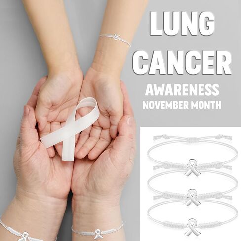 Sasylvia 20 Pcs Lung Cancer Awareness Bracelets Adjustable Cord Stretch White Ribbon Braided Bracelets Inspirational Lung Cancer Gifts for Men Women Jewelry Accessories in Saudi Arabia