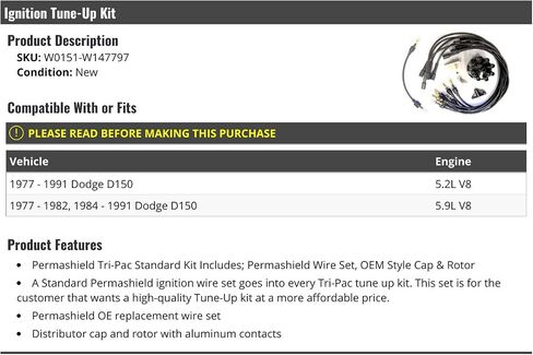 Ignition Tune-Up Kit - Spark Plug Wire Wire Set, Cap and Rotor - Compatible with 1977-1991 Dodge D150 V8 in Saudi Arabia