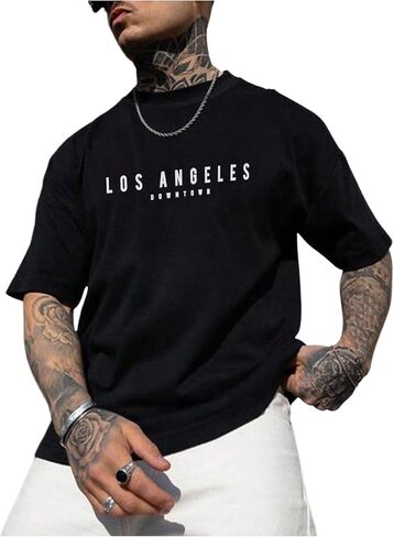 GORGLITTER Men's Crewneck T Shirt Letter Graphic Short Sleeve Casual Drop Shoulder Oversized Tee in Kuwait