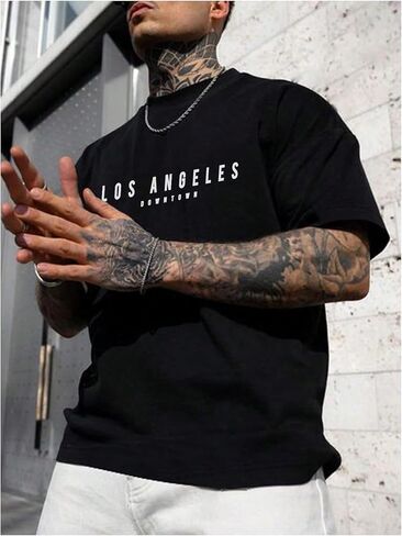 GORGLITTER Men's Crewneck T Shirt Letter Graphic Short Sleeve Casual Drop Shoulder Oversized Tee in Kuwait