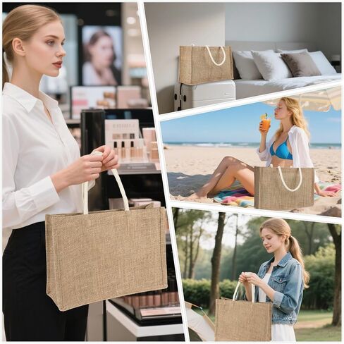 Burlap Tote Beach Bag - Jute Bags with Handles Medium Straw Beach Bag 13x9.4x4.7inch Reusable Tote for Shopping, Travel, Swim Perfect as Bridesmaid Gift, DIY Craft Bag Practical Gift Option in Saudi Arabia