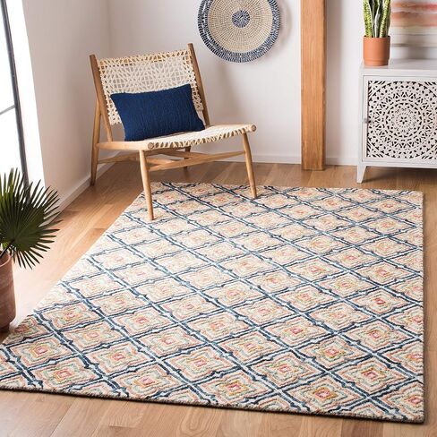 SAFAVIEH Trace Collection Area Rug - 8' x 10', Ivory & Navy, Handmade Wool, Ideal for High Traffic Areas in Living Room, Bedroom (TRC512A) in Saudi Arabia