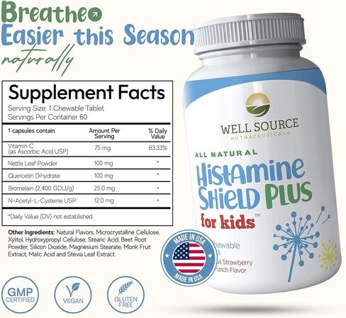 Histamine Shield Plus for Kids™ All Natural Antihistamine Supplement: Works On All Allergy Types. Pollen, Pet Dander, Dust, Mold, and Odor Allergies. 60 Tablets in Saudi Arabia