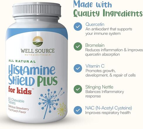 Histamine Shield Plus for Kids™ All Natural Antihistamine Supplement: Works On All Allergy Types. Pollen, Pet Dander, Dust, Mold, and Odor Allergies. 60 Tablets in Saudi Arabia