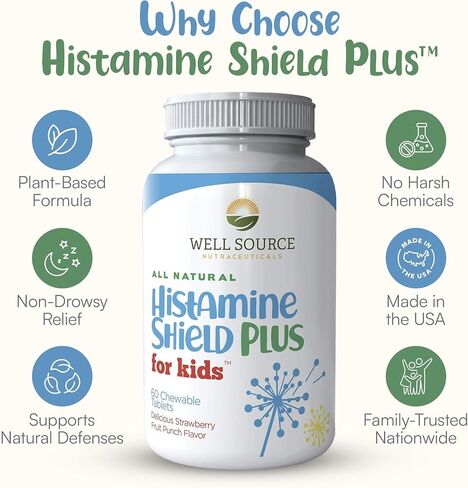 Histamine Shield Plus for Kids™ All Natural Antihistamine Supplement: Works On All Allergy Types. Pollen, Pet Dander, Dust, Mold, and Odor Allergies. 60 Tablets in Saudi Arabia