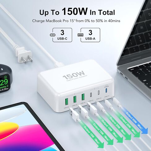 Charging Station for Multiple Devices, 45W 6 Port USB Charger Charging Block with 1 USB C 5 USB A Port, USB Power Strip Plug Charging Hub Multi Travel Chargers for iPhone iPad, Tablets, Smartphones in Saudi Arabia