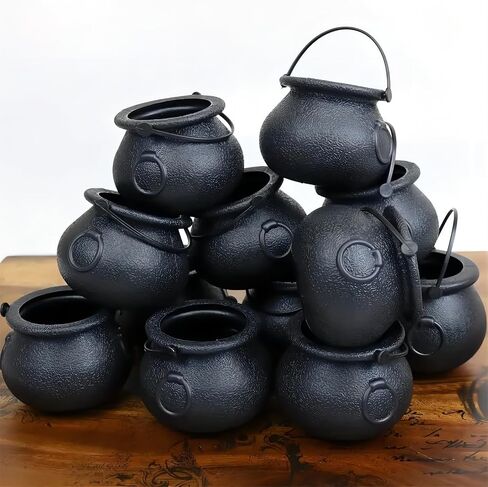 6Pcs Mini Halloween Party Decorations, Black Plastic Cauldron with Skeletons for Indoor/Outdoor Home/Kitchen Decoration in Saudi Arabia