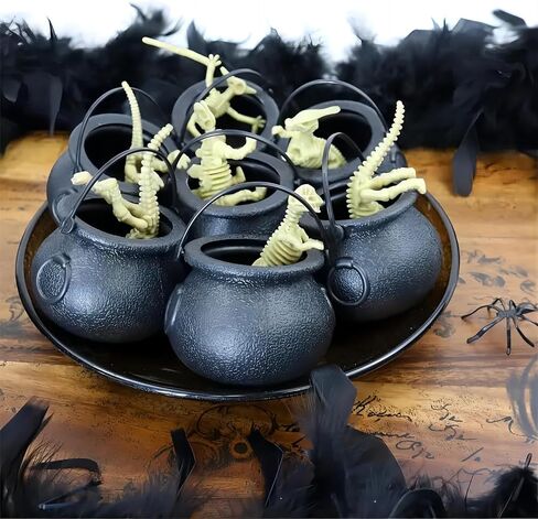 6Pcs Mini Halloween Party Decorations, Black Plastic Cauldron with Skeletons for Indoor/Outdoor Home/Kitchen Decoration in Saudi Arabia