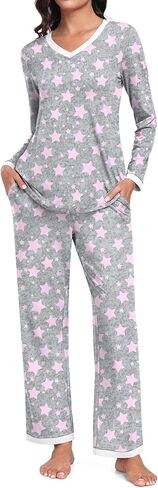 BISHUIGE Womens Casual Contrasting Colors Pajamas Set With Pockets Long Sleeve V Neck Tops For Soft And Comfortable Pants Set in Kuwait
