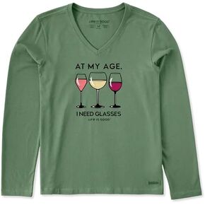 Life is Good. Women's I Need Wine Glasses Long Sleeve Crusher Vee, Granite Green in Saudi Arabia