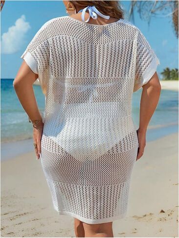 Floerns Women's Plus Size Hollow Out Split Swimsuit Cover Up Short Sleeve Sheer Beach Dress in Saudi Arabia