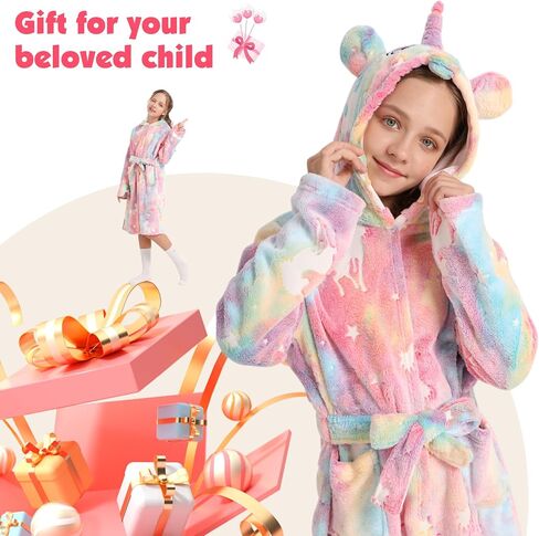 Girls Fleece Hooded Robes Soft Bathrobe for Kids - Glow in the Dark Unicorn Gifts for Girls, 3-14 Years in Saudi Arabia