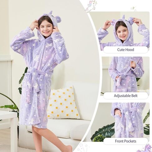Girls Fleece Hooded Robes Soft Bathrobe for Kids - Glow in the Dark Unicorn Gifts for Girls, 3-14 Years in Saudi Arabia