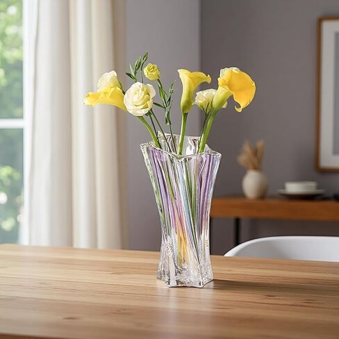 Glass Flower Vase，Thickened 3.5 lb Modern Vases，Premium Crystal Vases for Centerpieces, Electroplated Coating, Colorfast & Stylish Geometric Form 9.5 Inch (Transparent) in Saudi Arabia