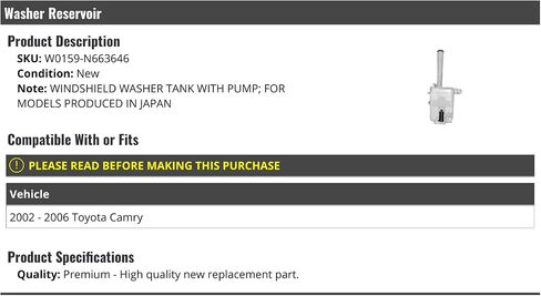 Windshield Washer Fluid Reservoir Tank - with Pump - Compatible with 2002-2006 Toyota Camry in Saudi Arabia
