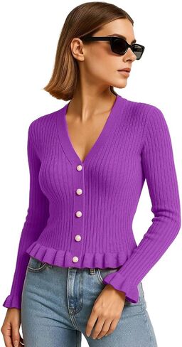Women's Ruffled Trim Ribbed Knit Cardigan – V-Neck Pearl Button Long Sleeve Slim Fit Sweater Top in Saudi Arabia