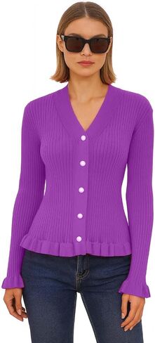 Women's Ruffled Trim Ribbed Knit Cardigan – V-Neck Pearl Button Long Sleeve Slim Fit Sweater Top in Saudi Arabia