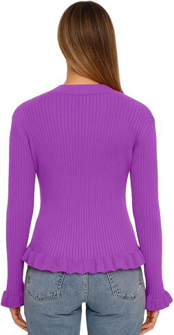Women's Ruffled Trim Ribbed Knit Cardigan – V-Neck Pearl Button Long Sleeve Slim Fit Sweater Top in Saudi Arabia