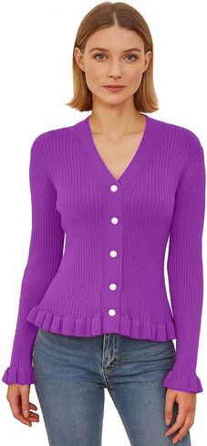 Women's Ruffled Trim Ribbed Knit Cardigan – V-Neck Pearl Button Long Sleeve Slim Fit Sweater Top in Saudi Arabia
