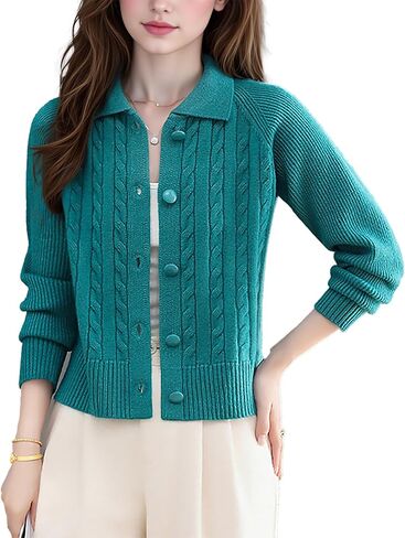 LAI MENG FIVE CATS Women's Cable Knit Cardigan Open Front Sweater Lapel Collar Chunky Knit Button Jackets in Saudi Arabia