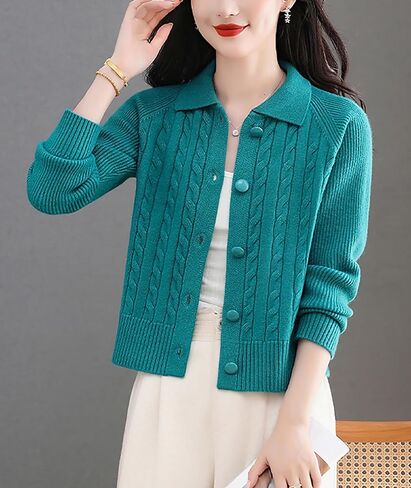 LAI MENG FIVE CATS Women's Cable Knit Cardigan Open Front Sweater Lapel Collar Chunky Knit Button Jackets in Saudi Arabia