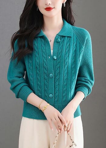 LAI MENG FIVE CATS Women's Cable Knit Cardigan Open Front Sweater Lapel Collar Chunky Knit Button Jackets in Saudi Arabia