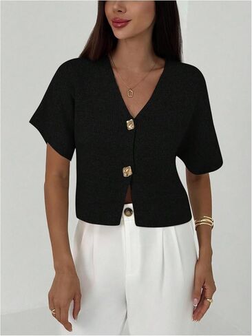 SOLY HUX Women's Short Sleeve Office 2025 Fall Winter Cardigan Sweater Button Down V Neck Slim Fit Knit Tops in Saudi Arabia